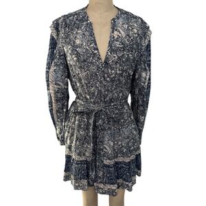 Ulla Johnson Noumi Dress in Blue Indigo Print Size 10 Long Sleeve Tie Waist NEW